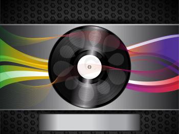 Vinyl Record and Neon Waves over a Brushed Metallic Background with Panel for Your Text
