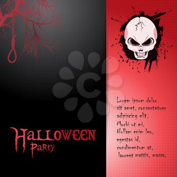 Halloween Party Invite on Red and Black with Skull Hanging Robe Tree and Text
