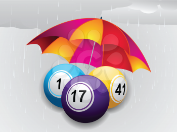 Bingo Balls and Umbrella over Grey Raining Background