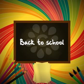 Back to School Background with Blackboard Pencil and Paper Sheet Over Vintage Multicolor Swirl