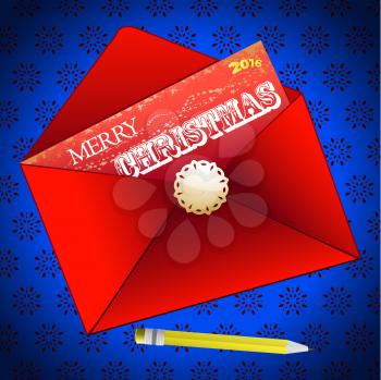 Red Envelope with Merry Christmas Message Snowflake and Pencil Over Blue Background