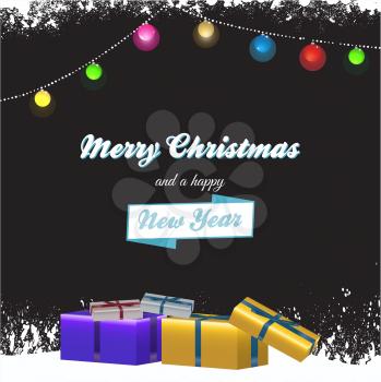 Merry Christmas & Happy New Year Text Gift Boxes Over Decorated 3D Background with Colored Lights