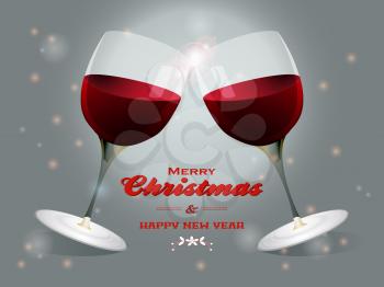 Wine Glasses Touching Over Merry Christmas Text on Festive Glowing Background