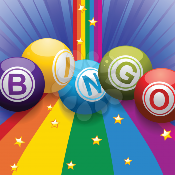 Bingo Balls Over Rainbow with Stars and Blue Background