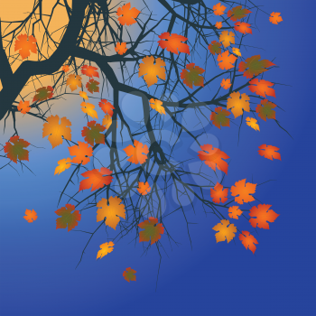 Winter Tree with Brown and Orange Leafs Over Deep Blue Background