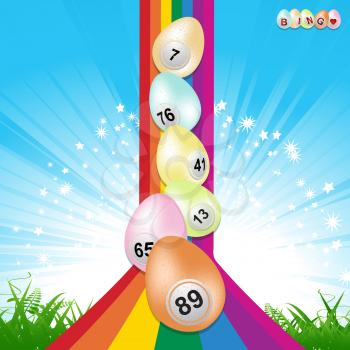 Easter Bingo Eggs Over Rainbow with Star Burst Sky and Grass Background