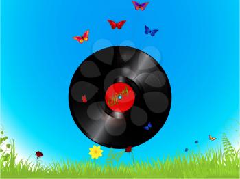 Vinyl Record with Spring Text Flying Attached to Butterflies Over Blue Sky and Grass Background