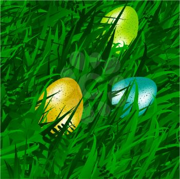 Realistic Eggs Over Spring Green Grass Background