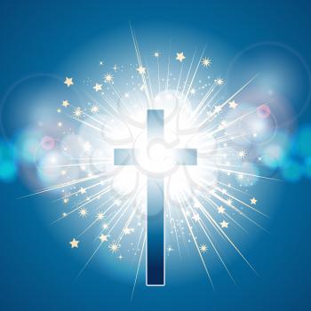 Blue and White Glowing Cross Over Light Explosion Background