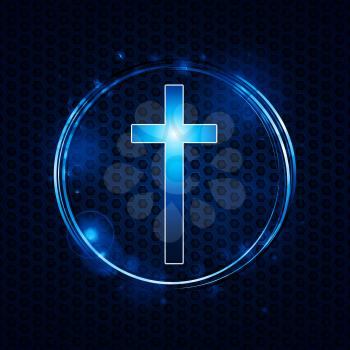 Blue and White Cross in a Bleu Glowing Circle Over Metallic Honeycomb Background