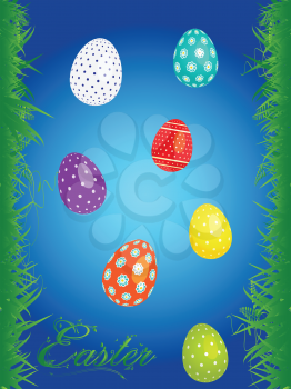 Easter Portrait Blue Background with Decorated Eggs Text and Grass