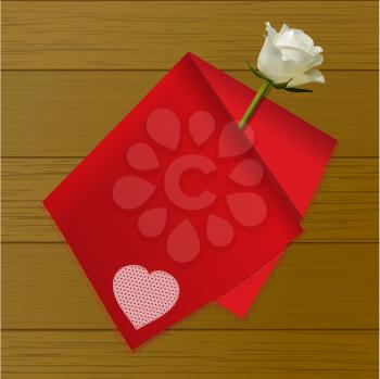 3D Illustration of a Red Folded Handkerchief with Heart Decoration and White Ivory Rose Over Wooden Background