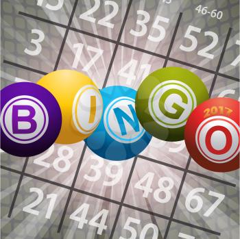 Bingo Balls Twenty Seventeen Over Abstract Background with Card Numbers