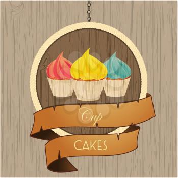 Trio of Cupcakes Over Circular Wooden Sign with Rope Edge and Vintage Banner with Text on Wood Background
