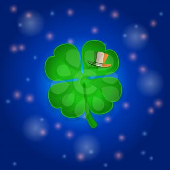 Green St Patrick's Shamrock and Shadow with Irish Hat on a Leaf Over Blue Glowing Space Background