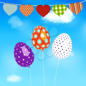 Easter Eggs Balloons Flying Over Blue Sky Background with Heart Shaped Bunting
