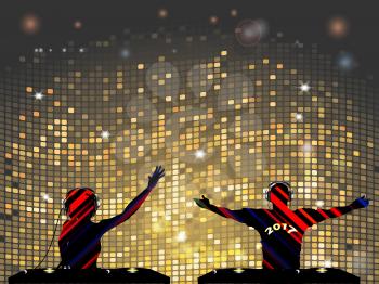 Striped Silhouette of Female and Male DJ with Record Decks Over Disco Wall Background