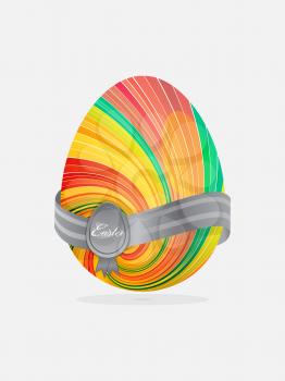 Striped Swirl Easter Egg with Banner Crest and Text Over White Background