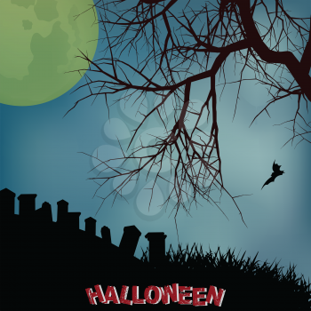 Halloween Background with Silhouette of Tree Over Graveyard with Dark Yellow Moon and Decorative Text