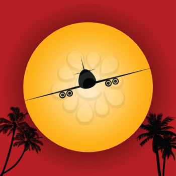 Airplane Silhouette Flying Over Big Yellow Sun and Palm Tees Over Red Background