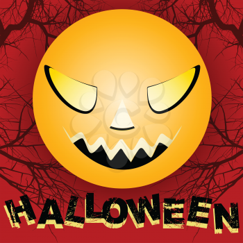Halloween Creepy Yellow Big Moon with Scary Face Over Red Background With Branches and Decorative Text