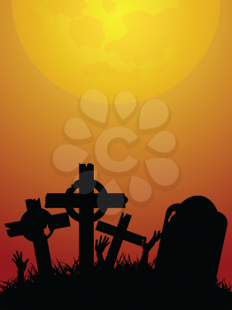 Red and Yellow Halloween Background with Tombstones and Zombie Hands Silhouettes Under the Moon