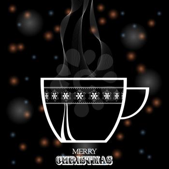 Festive Glowing Blaack Background with Decorated Coffee Tea Cup White Silhouette and Decorative Text