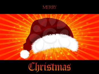 3D Illustration of Red Santa Hat Over Red and Yellow Star Burst Panel on Black Background with Decorative Text