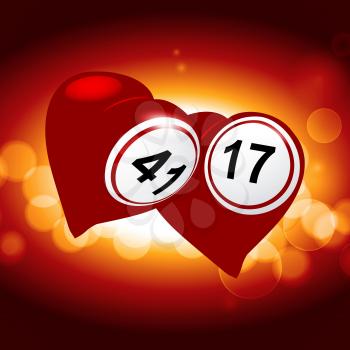 Two Red Love Hearts with Bingo Lottery Numbers Over Glowing Background