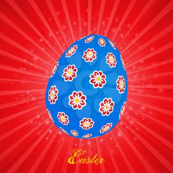 Blue Decorated with Flowers Easter Egg and Decorative Yellow Text Over Red Star Burst Background