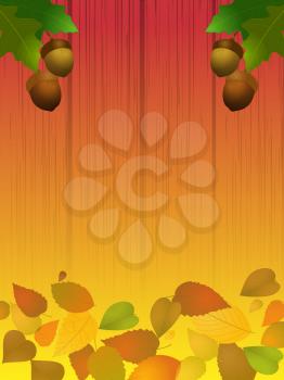 Autumn Acorns and Leafs Over Shaded Wood Background