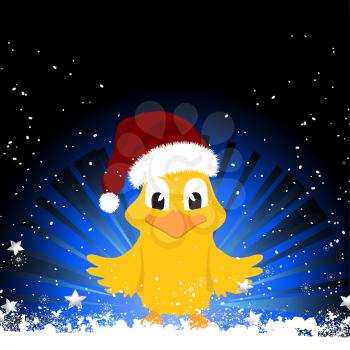 Cute Christmas Chick wit Santa Hat on Black abd Blue Background with Snow and Stars