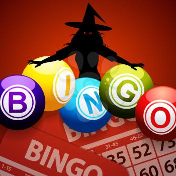 Bingo Halloween Red Background with Black Silhouette of a Creepy Witch Bingo Balls and Bingo Cards