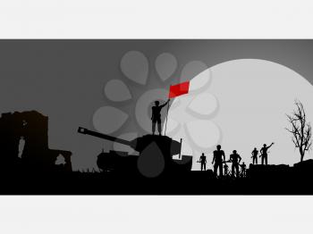 Panel with Silhouette of Soldiers and a Tank Over Dramatic Background with Big Moon and a Soldier Holding a Red Flag