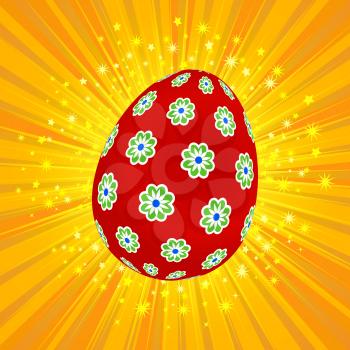 Red Decorated with Flowers Easter Egg Over Yellow Star Burst Background