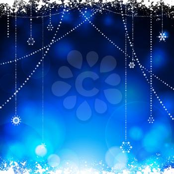 Festive Glowing Blue Christmas Background with Snow and Hanging Stars Decorations