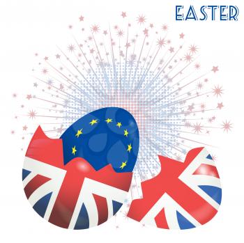 Easter Egg With British Flag Broken and Showing Inside an Easter Egg With European Flag Over White Background With Star Burst