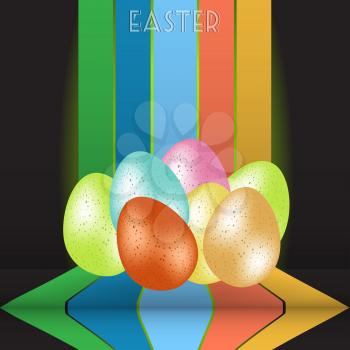 3D Illustration of Easter Eggs and Decorative Text Over Multicolored Stripes on Black Background