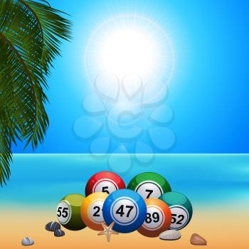 Summer Beach Scene With Palm Tree Bingo Lotto Balls Starfish and Pebbles on the Sand Over Blue Sunny Sky Background