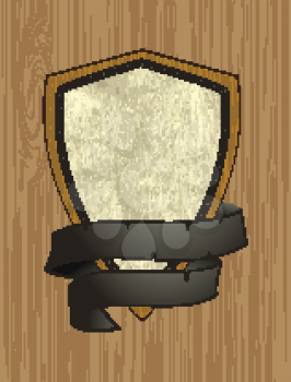 Blank Wooden Shield With Textured Crumpled Material And Rope Black Banner Over Wood Background