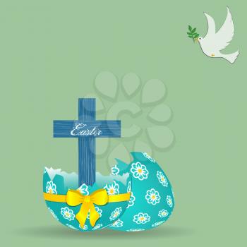Wooden Blue Cross With Easter Decorative Text Coming Out From Broken Decorated Easter Egg With Yellow Bow And Ribbon Over Light Green Background With White Dove Holding An Olive Branch
