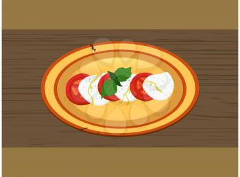 Hand Drawn Rustic Plate Dish With Caprese Salad Made Of Slices Of Tomatoes And Mozzarella Cheese Dusted With Black Pepper Olive Oil And Basil Leafs Over Brown Wood Panel Background