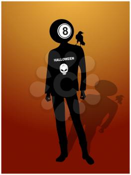 Black And White Silhouette Of Man With Halloween Decorated T-Shirt With Skull And Text Ball Number Eight As Head Crow Bird On His Shoulder And Shadow Over Red And Yellow Textured Background