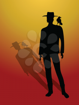 Black Hand Drawn Silhouette Of Man With Hat And Crow On His Shoulder With Shadow Over Red And Yellow Gradient Background