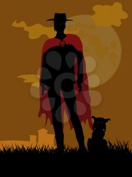 Black Silhouette Of Creepy Man Red Eyes With Hat And Red Cloak With Skull Button And Spooky Cat With Red Eyes Over Grass Graveyard And Big Scary Moon Background