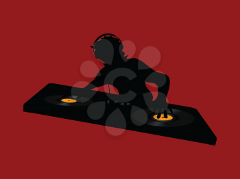 Black Silhouette Of DJ With Headphone Working On A Double Deck With Vinyl Discs Over Red Background