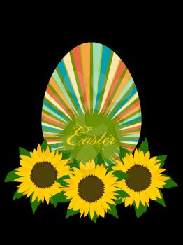 Multicoloured Striped Easter Egg With Decorative Text Seating On Sunflowers Bed Over Black Background