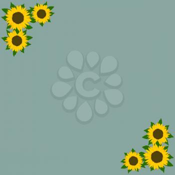 Simple Trendy Green Background With Corner Frame Of Hand Drawn Sunflowers