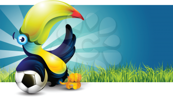 Royalty Free Clipart Image of a Toucan Resting on a Soccer Ball