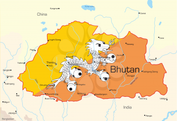 Royalty Free Clipart Image of a Map of Bhutan With the Flag Painted on It